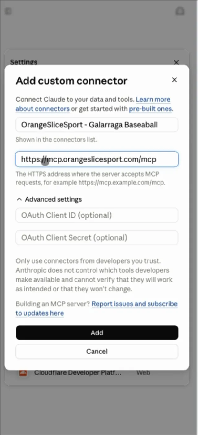 The Add custom connector dialog filled in with the OrangeSlice name and MCP address
