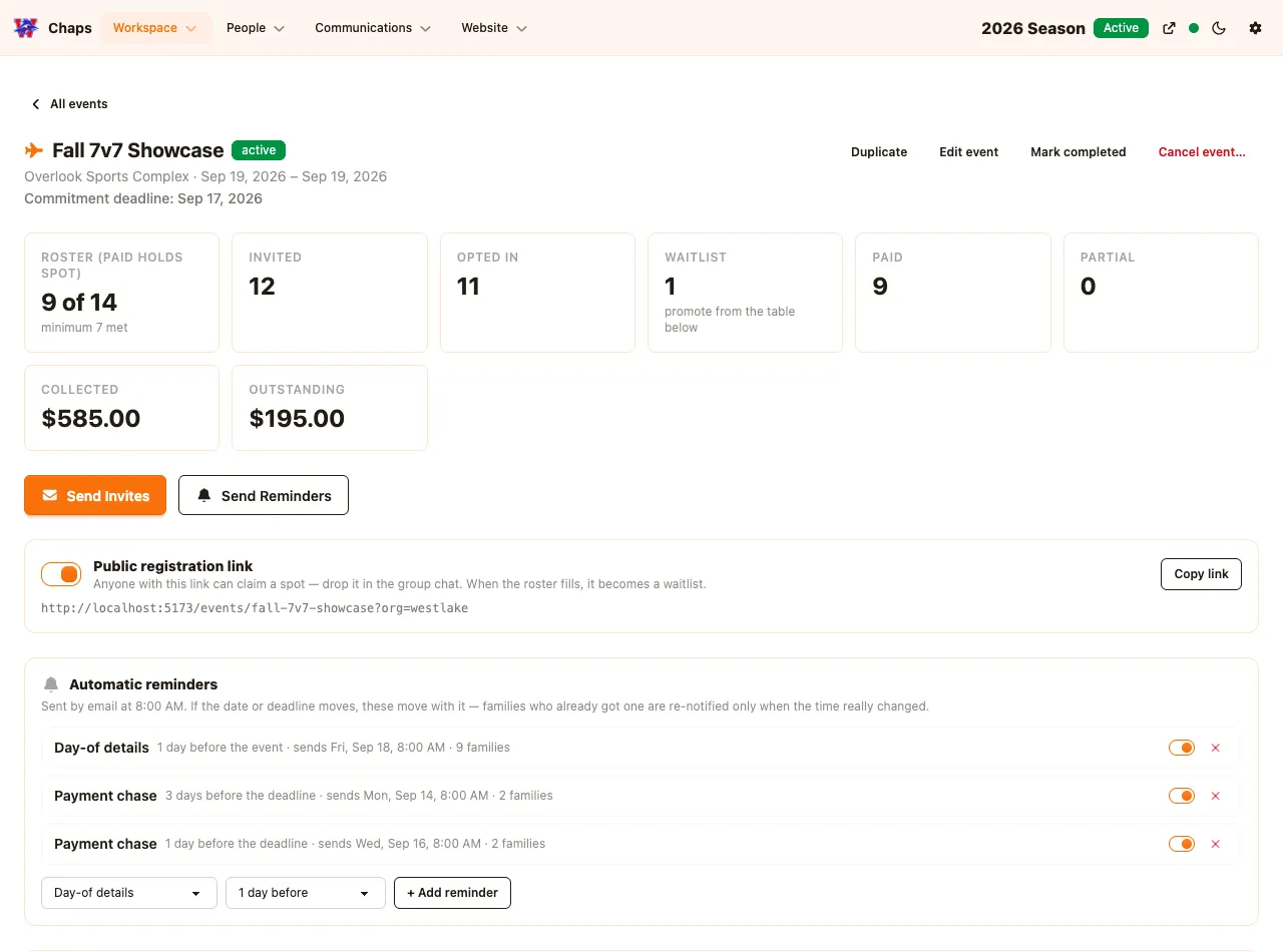 Admin dashboard showing collected and outstanding payment totals for an active tournament