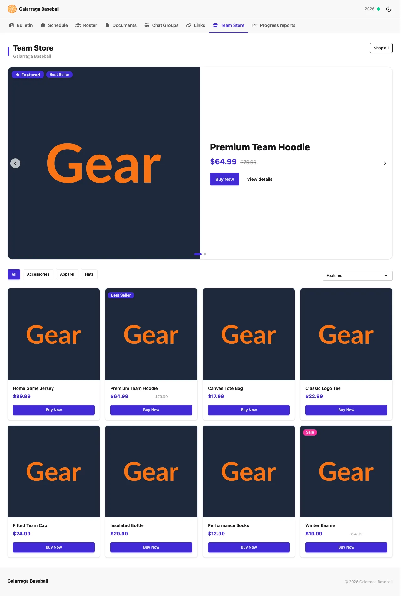 Public Team Store page in OrangeSlice Sport showing program apparel and gear